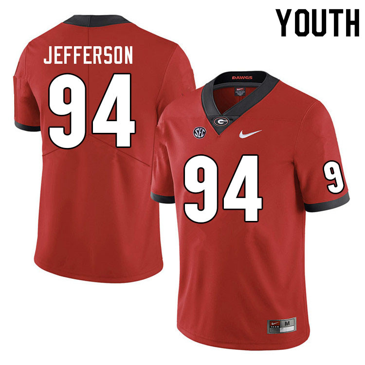 Georgia Bulldogs Youth Jonathan Jefferson #94 Red Stitched College UGA Football Jersey 23PJ010DG